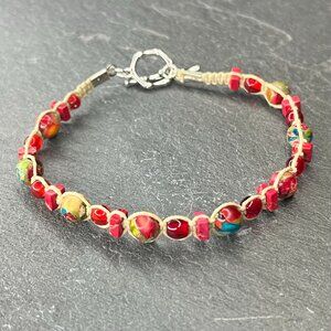 Handmade Braided Hemp Bracelet | Sea Sediment Red Jasper Stone | Glass Beads